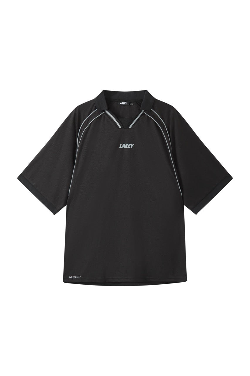 Black sports shirt with a logo on a white background