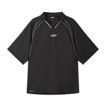 Black sports shirt with a logo on a white background