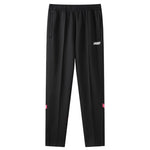 Black pants with a brand logo on a white background