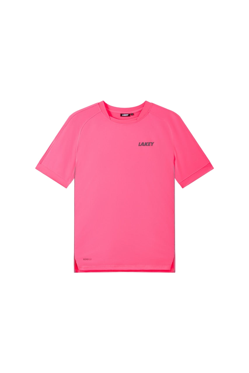 Pink t-shirt with a brand logo on a white background
