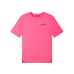 Pink t-shirt with a brand logo on a white background