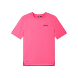 Pink t-shirt with a brand logo on a white background