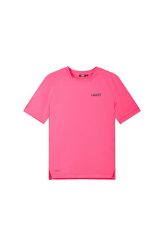 Pink t-shirt with a brand logo on a white background