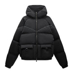 Black puffer jacket with a hood on a white background