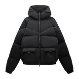 Black puffer jacket with a hood on a white background