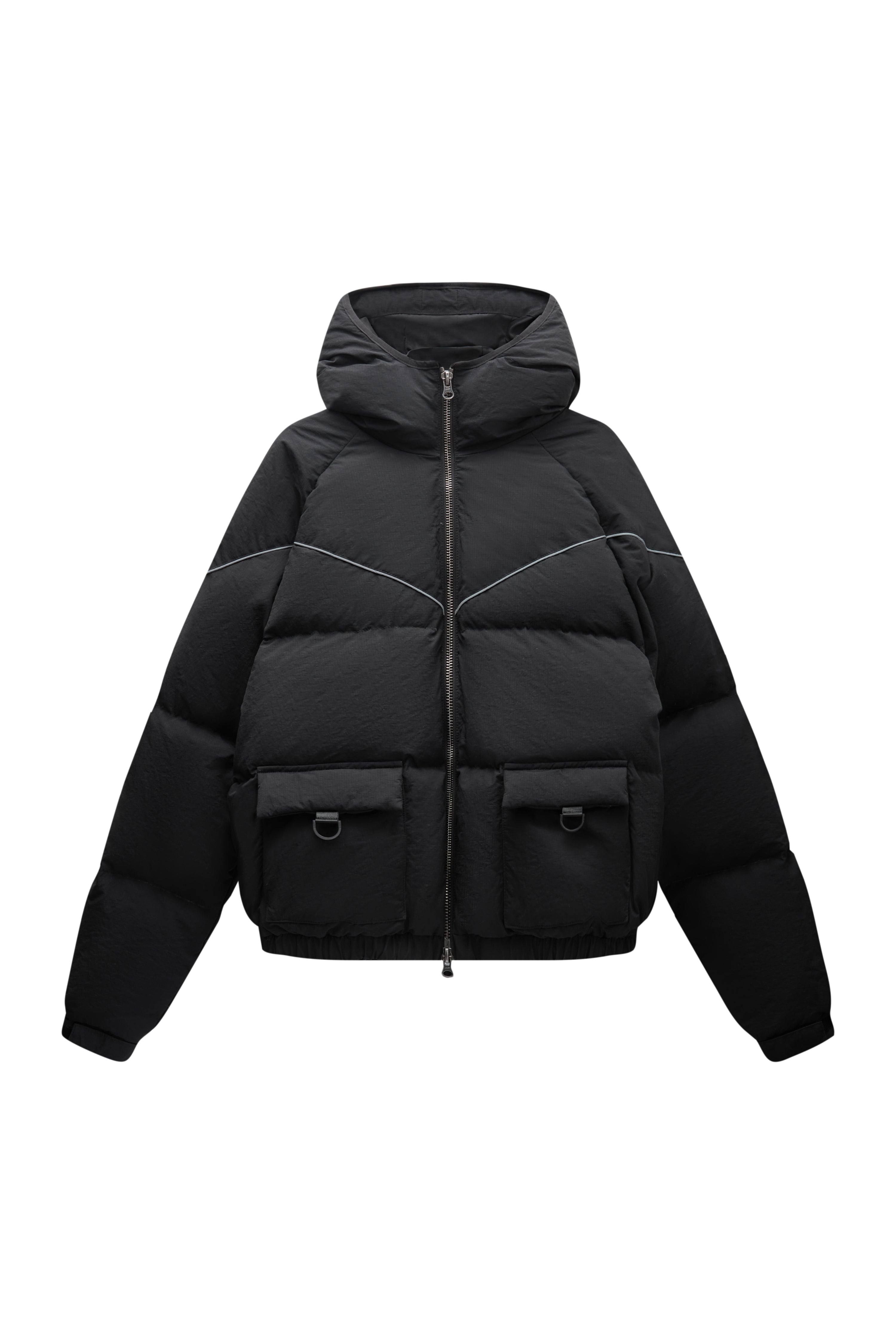 Black puffer jacket with a hood on a white background