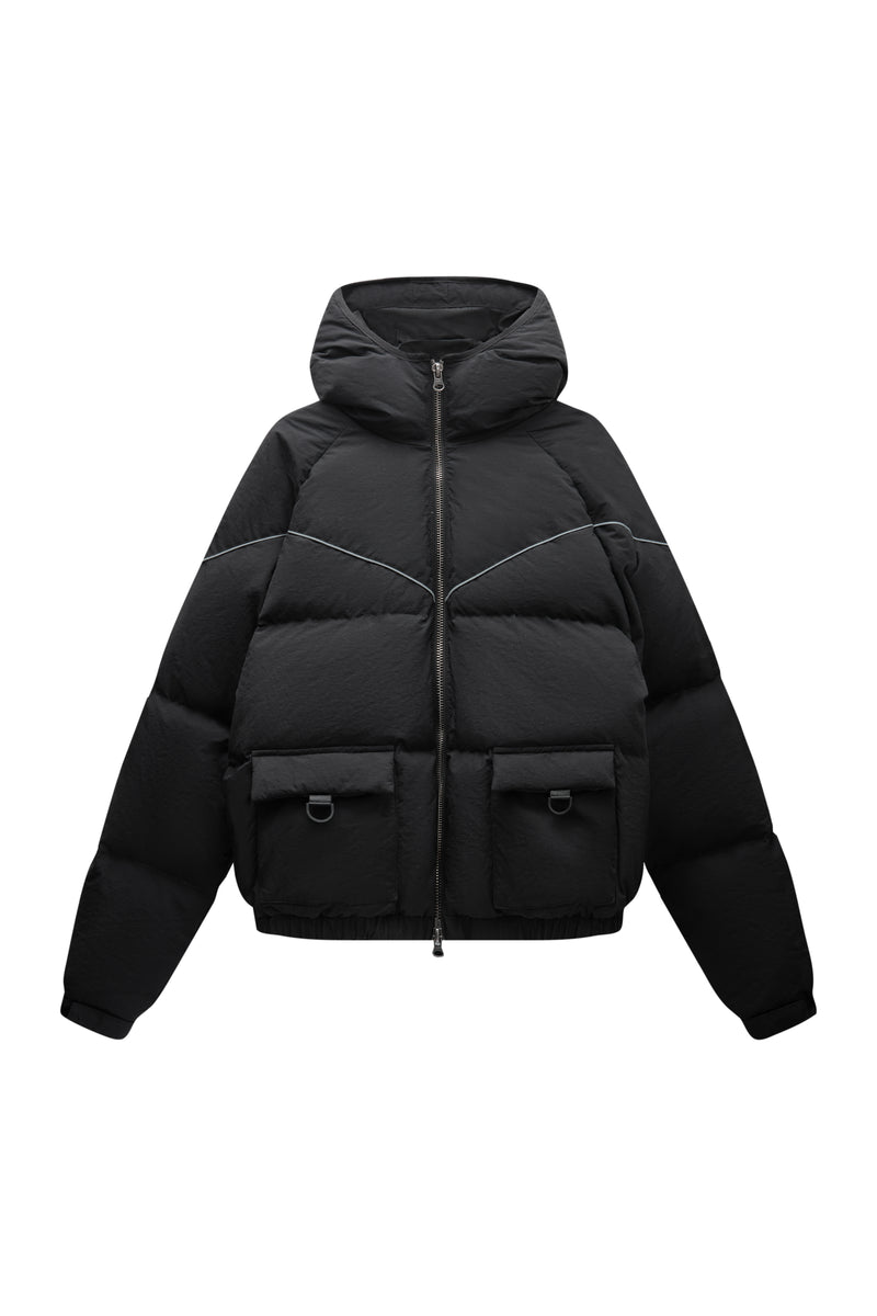 Black puffer jacket with a hood on a white background