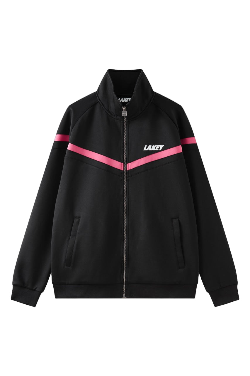 Black jacket with pink accents and 'Lakey' branding on a white background