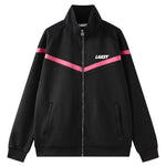 Black jacket with pink accents and 'Lakey' branding on a white background