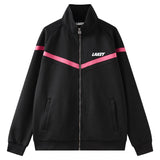 Black jacket with pink accents and 'Lakey' branding on a white background
