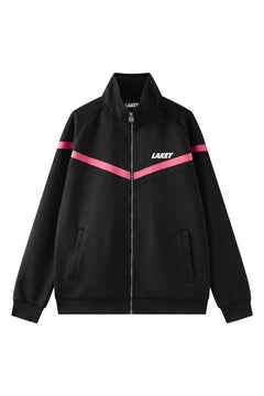 Black jacket with pink accents and 'Lakey' branding on a white background