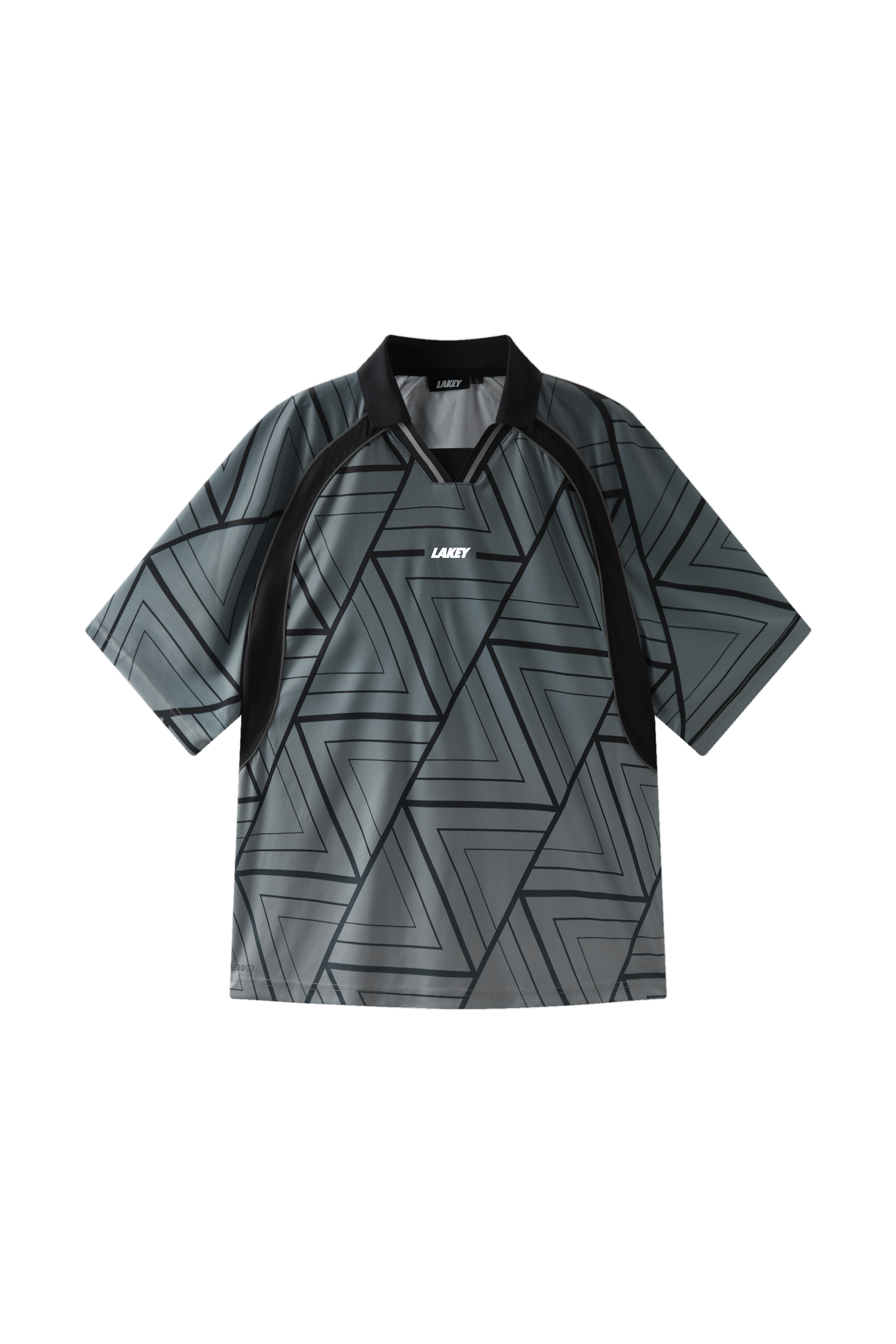 Geometric patterned shirt with brand logo on a light gray background