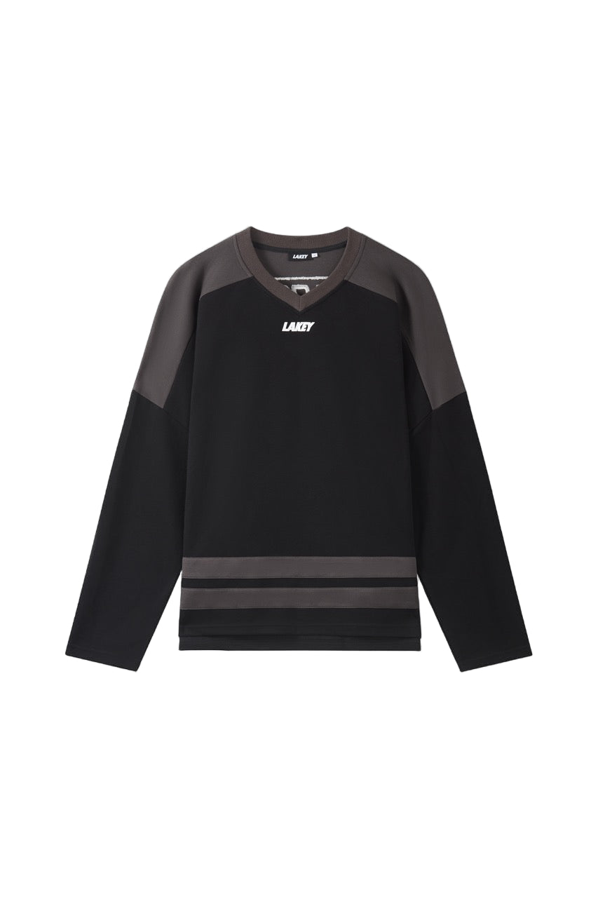 Black and gray sweatshirt with branding on a white background