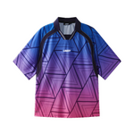 Gradient blue to pink sports jersey with black accents on a white background