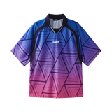 Gradient blue to pink sports jersey with black accents on a white background