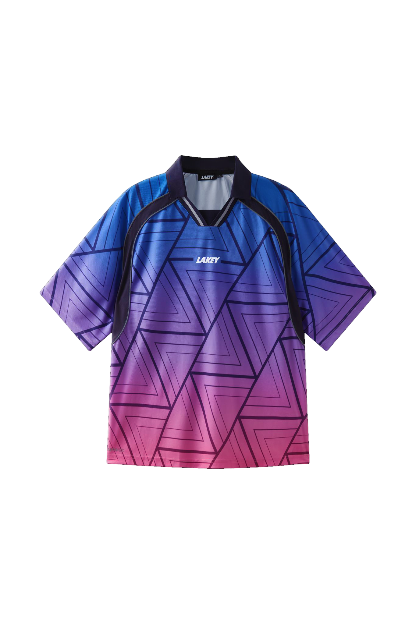 Gradient blue to pink sports jersey with black accents on a white background