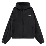 Black jacket with a brand logo on a white background