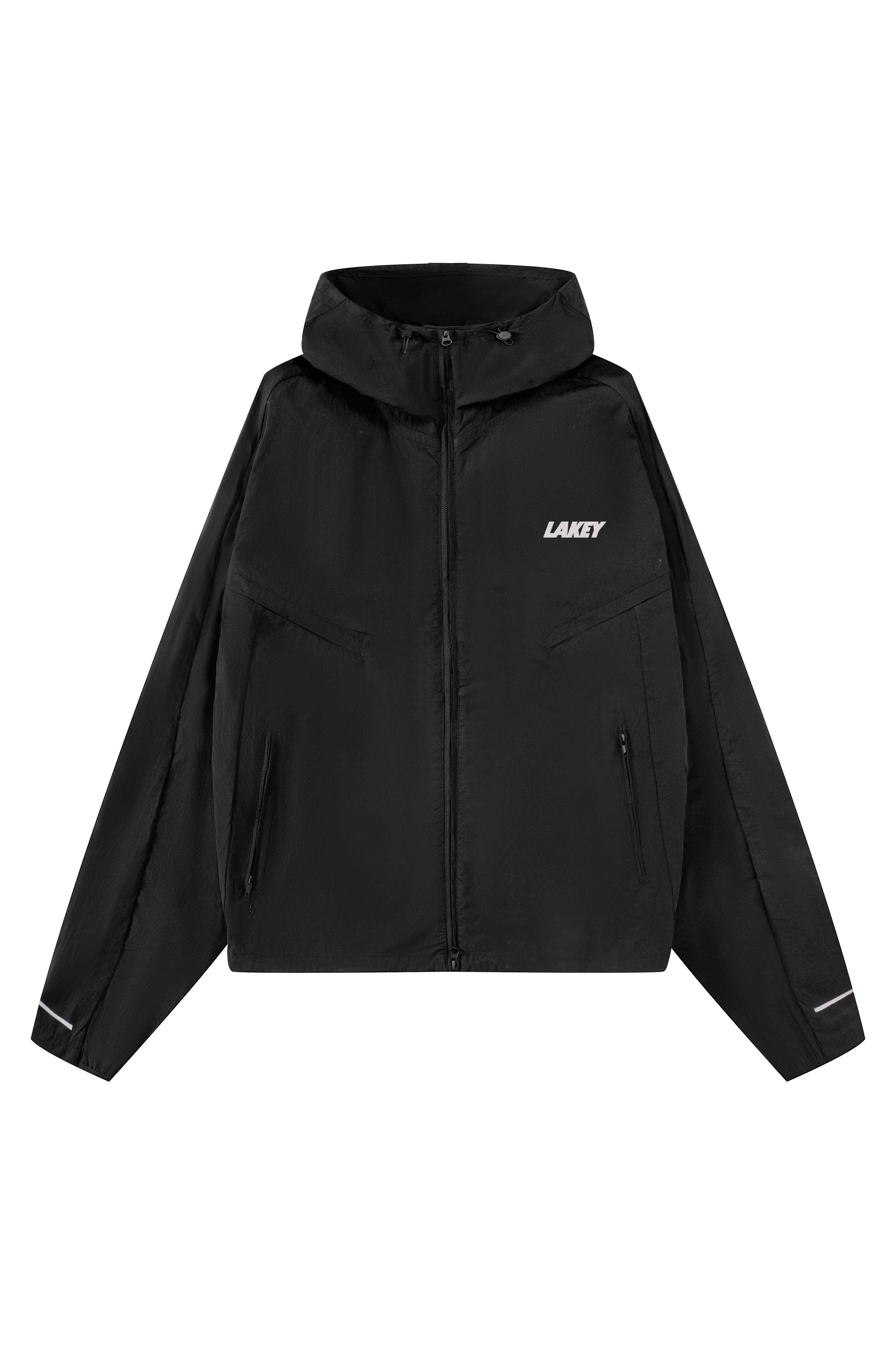 Black jacket with a brand logo on a white background