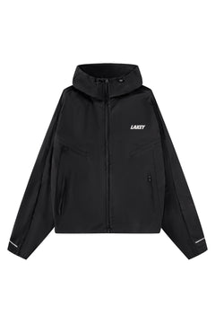 Black jacket with a brand logo on a white background