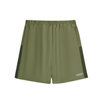 Green athletic shorts with a brand logo on a white background